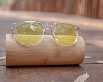 Yellow Lens Wooden Sunglasses, Engraved, Unisex