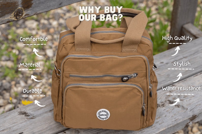 Brown Nylon Backpack, Laptop College Bag, Handmade in USA image 4