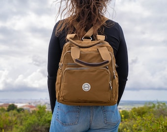 Brown Nylon Backpack, Laptop College Bag, Handmade in USA