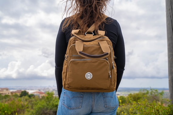 Brown Nylon Backpack, Laptop College Bag, Handmade in USA