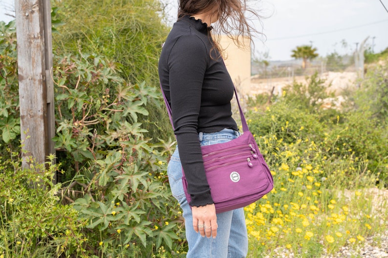 Purple Nylon Messenger Bag, Water Resistant Crossbody, Handmade image 9