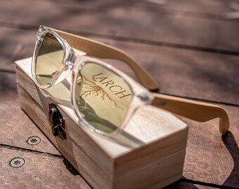 Wood Wayfarer Sunglasses, Green Lens, Engraved Gift