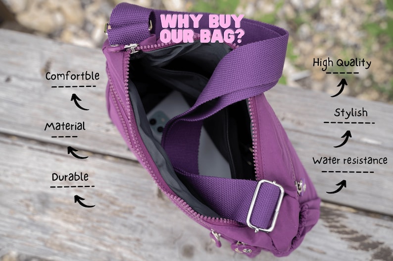 Purple Nylon Messenger Bag, Water Resistant Crossbody, Handmade image 5