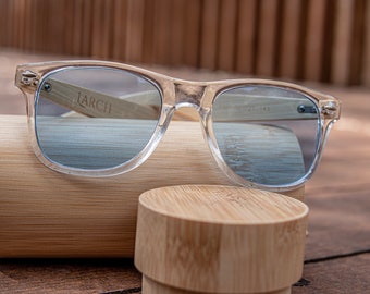 Lunettes de soleil en bois à verres bleus, cadeau gravé