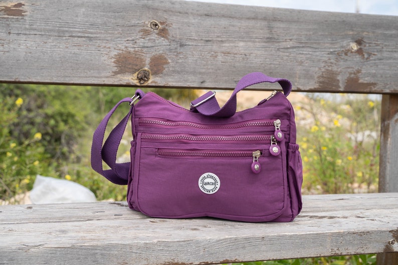 Purple Nylon Messenger Bag, Water Resistant Crossbody, Handmade image 1