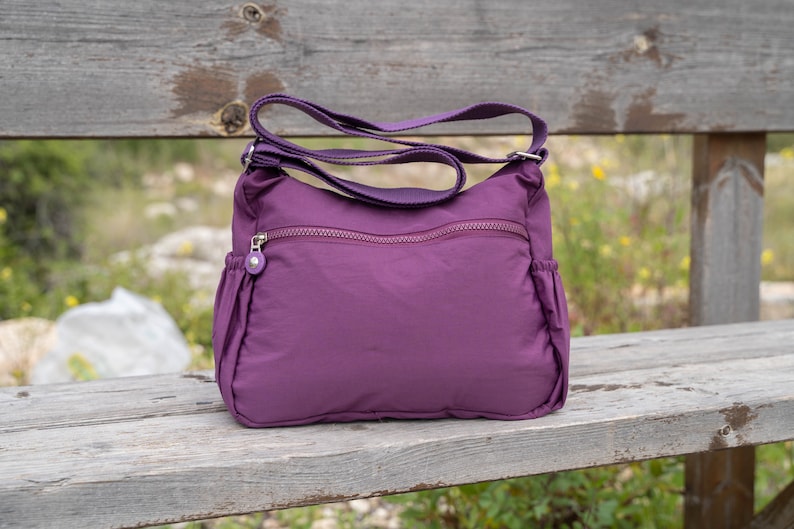 Purple Nylon Messenger Bag, Water Resistant Crossbody, Handmade image 3
