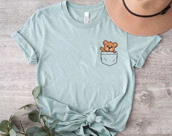Cute Teddy Bear Pocket Shirt, Bear Graphic Tee, Minimalist Animal T-Shirt, Bear Lover Gift for Her, Cute Casual Women's Tee, Pocket Bear Top