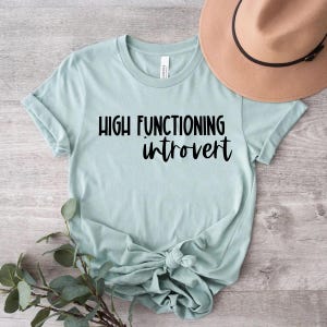 Könnte beinhalten: Hellblaues T-Shirt mit dem schwarzen Aufdruck "HIGH FUNCTIONING introvert". Das T-Shirt ist unten geknotet und liegt neben einem braunen Hut und etwas Grün. Das T-Shirt ist aus einem weichen Material.