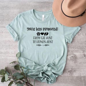 May include: A light blue t-shirt with the text "You've been promoted! From cat aunt to human aunt" in black. The text is accompanied by a paw print, a heart, and two footprints.