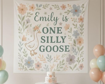 One Silly Goose Birthday Banner Custom Name First Birthday Backdrop Floral Party Decoration Goose Theme 1st Birthday Photo Backdrop Sign