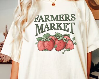 Jordgubbsskjorta för bondens marknad Vintage Cottagecore jordgubbs-T-shirt Sommar Farmers Market grafisk skjorta trädgård frukt estetisk T-shirt