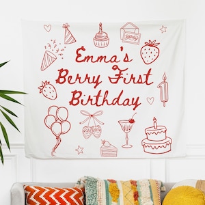 Berry First Birthday Banner Girl Custom Strawberry Themed Party Decor 1st Birthday Backdrop Strawberry Birthday Decorations for Baby Girl