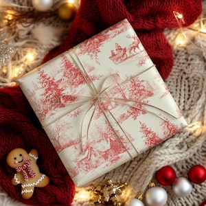 May include: A wrapped gift with a red and white toile pattern, tied with a gold ribbon, rests on a cozy, textured surface. A gingerbread man, red knit scarf, and Christmas ornaments surround the present, creating a festive holiday scene.
