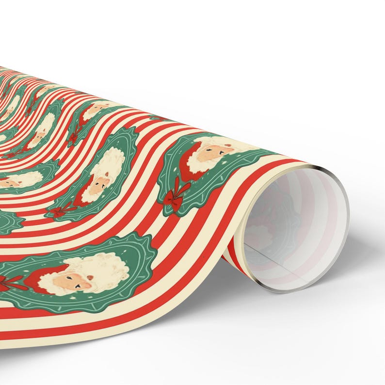 May include: Rolled wrapping paper featuring a repeating pattern of Santa Claus faces within green frames, set against a backdrop of red and cream-colored stripes. The design includes a red bow. Ideal for Christmas gifts.