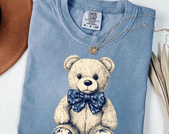 Camisa vintage de ursinho de pelúcia azul com estampa de coquete, moletom fofo com laço de ursinho, presente de Natal para mulheres, camisa de inverno.