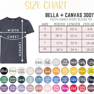 May include: A size chart for a Bella + Canvas 3001Y youth short sleeve tee. The chart displays width, length, and fit size in inches for sizes S through XL. A dark gray t-shirt graphic shows measurement points, and a color palette shows available options.