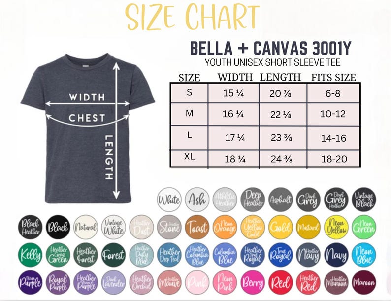 May include: A size chart for a Bella + Canvas 3001Y youth short sleeve tee. The chart displays width, length, and fit size in inches for sizes S through XL. A dark gray t-shirt graphic shows measurement points, and a color palette shows available options.