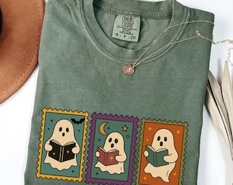 Ghost Reading Books Shirt Bookish Halloween Tee Retro Cute Ghost Fall T Shirt Book Lover Teacher Halloween Shirt Spooky Reading Shirt