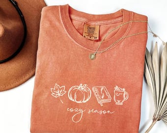 Cozy Fall Shirt Book Lover Fall Gift Autumn Aesthetic Shirt For Women Cute Fall Graphic Tee Pumpkin Season Shirt Fall Coffee Shirt
