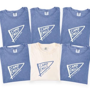May include: Five blue t-shirts and one cream t-shirt, each featuring a white pennant graphic with the text "CAMP EMILY" and "LAKE TAHOE, 2026". The cream shirt features the same pennant graphic in blue. All shirts have a crew neck design.