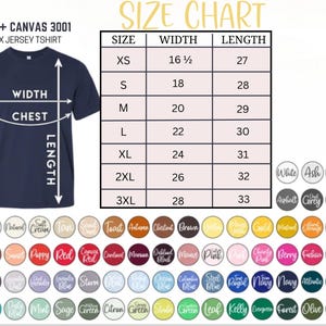 May include: A navy blue unisex jersey t-shirt with a size chart. The chart lists sizes XS to 3XL with chest width measurements from 16.5 to 28 inches and lengths from 27 to 33 inches. A color palette is displayed below.