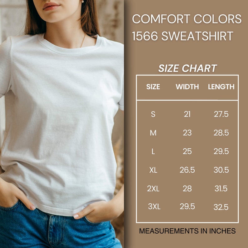 May include: Size chart for a sweatshirt with measurements in inches. The chart shows the size, width, and length of the sweatshirt in inches. Sizes include S, M, L, XL, 2XL, and 3XL.