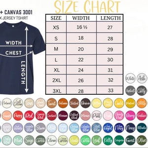 May include: Size chart for a unisex jersey t-shirt, showing measurements in inches for width and length, for sizes XS to 3XL.