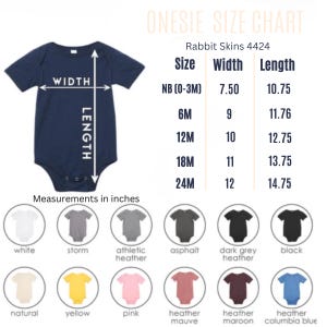 May include: Navy blue onesie with a size chart. The chart shows measurements in inches for sizes NB (0-3M) to 24M. Available colors include white, storm, athletic heather, asphalt, dark grey heather, black, natural, yellow, pink, heather mauve, heather maroon, and heather columbia blue.