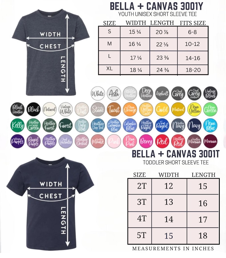 Peut inclure: Un t-shirt bleu marine pour jeunes avec des mesures de largeur et de longueur en pouces. L'image montre &eacute;galement un nuancier et un tableau des tailles pour les t-shirts &agrave; manches courtes pour jeunes et tout-petits.