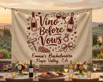 Bannière Vino Before Vows, enseigne d'enterrement de vie de jeune fille personnalisée vin, Napa Valley, décor Bach, voyage dans un vignoble, toile de fond, week-end de filles dans les vignobles