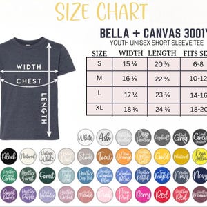 May include: A navy blue youth unisex short sleeve tee shirt with a size chart. The chart shows measurements for width and length in inches, and fits sizes from 6-8 to 18-20. The image also displays a color palette.