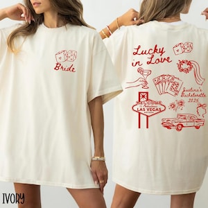 Camiseta de despedida de soltera de Las Vegas, camiseta personalizada con la frase "Novia afortunada enamorada", camisetas de viaje para chicas afortunadas, camisetas con temática de casino, regalo de boda en Las Vegas