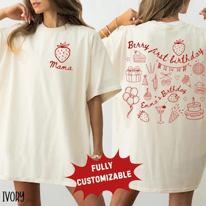 Camisetas a juego para toda la familia en el primer cumpleaños con temática de fresas. Conjunto para el primer cumpleaños con temática de fresas. Camisetas para fiesta de cumpleaños con temática de fresas. Camisetas de mamá y papá con temática de fresas.