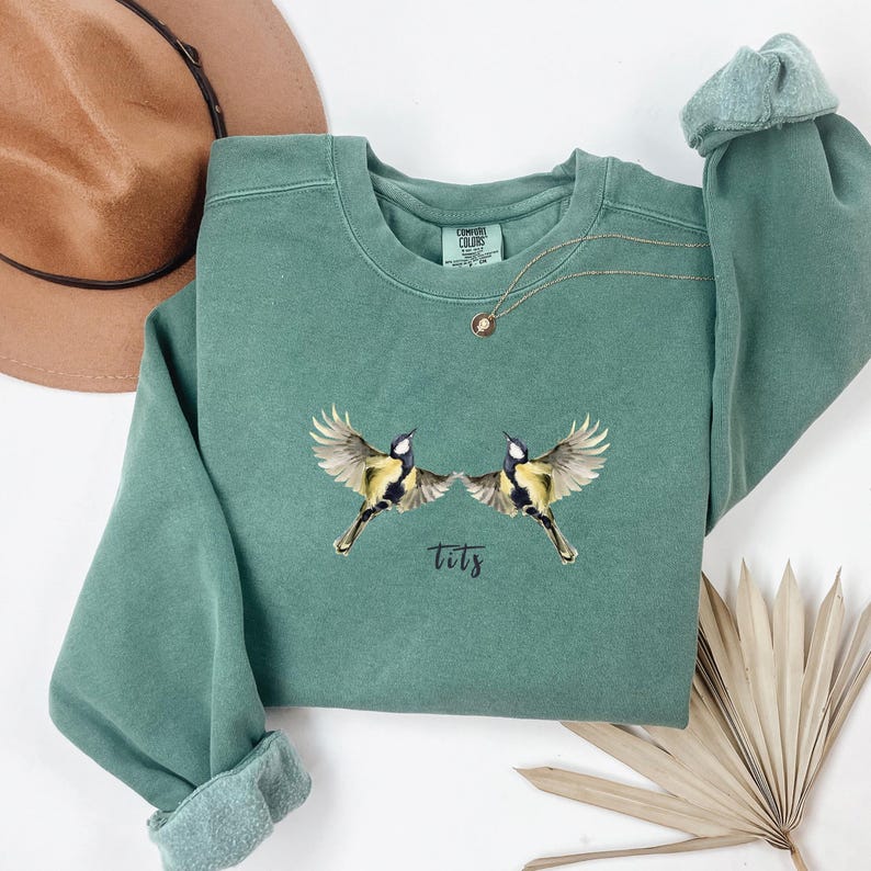 May include: A green sweatshirt with a graphic of two birds facing each other with the word "tits" printed below.