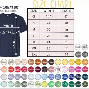 Pode incluir: Camiseta unissex azul marinho com tabela de tamanhos e op&ccedil;&otilde;es de cores. A tabela de tamanhos mostra as medidas de XS a 3XL. A camiseta &eacute; rotulada como Bella + Canvas 3001.