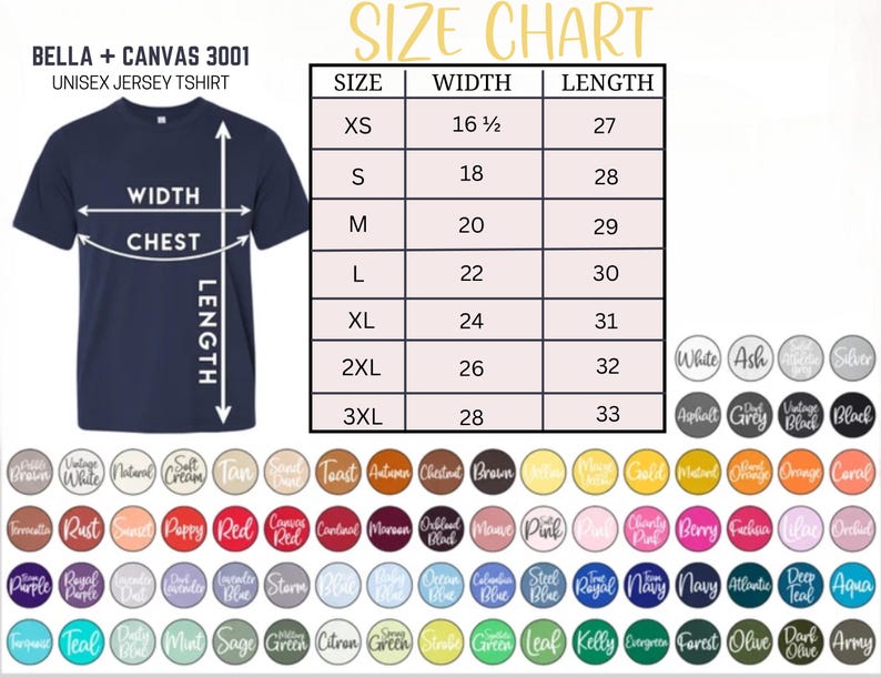 Puede incluir: Una camiseta unisex de punto de color azul marino con una tabla de tallas. La tabla enumera las tallas XS a 3XL con medidas de ancho de pecho de 42 a 71 cm y largos de 69 a 84 cm. Se muestra una paleta de colores.