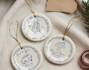 Personlig julgransprydnad för nygifta, present till gift par, Chinoiserie-keramisk julgransprydnad, minnessak för första julen, present till gift par