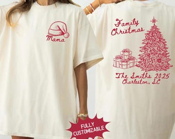 Custom Family Christmas Shirt Matching Holiday Tees with Tree Personalized Christmas Shirt with Name and Location Christmas 2026 Shirt