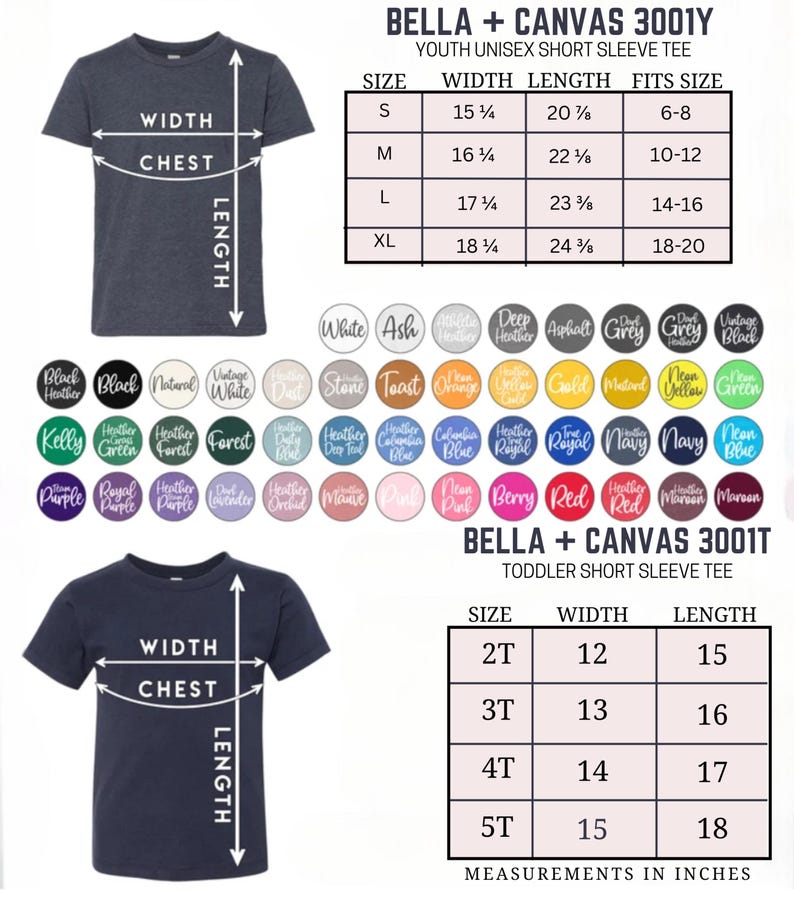 May include: A navy blue youth t-shirt with width and length measurements in inches. The image also shows a color chart and size chart for youth and toddler short sleeve tees.