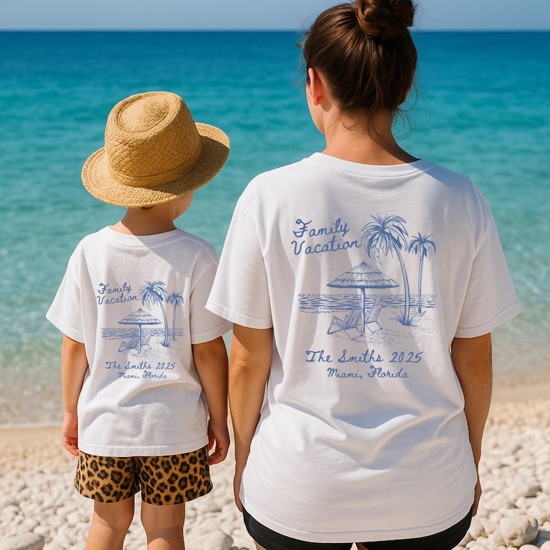 May include: White t-shirts with a blue graphic of palm trees, an umbrella, and beach chairs. The text "Family Vacation" is above the graphic and "The Smiths 2025 Miami, Florida" is below the graphic.