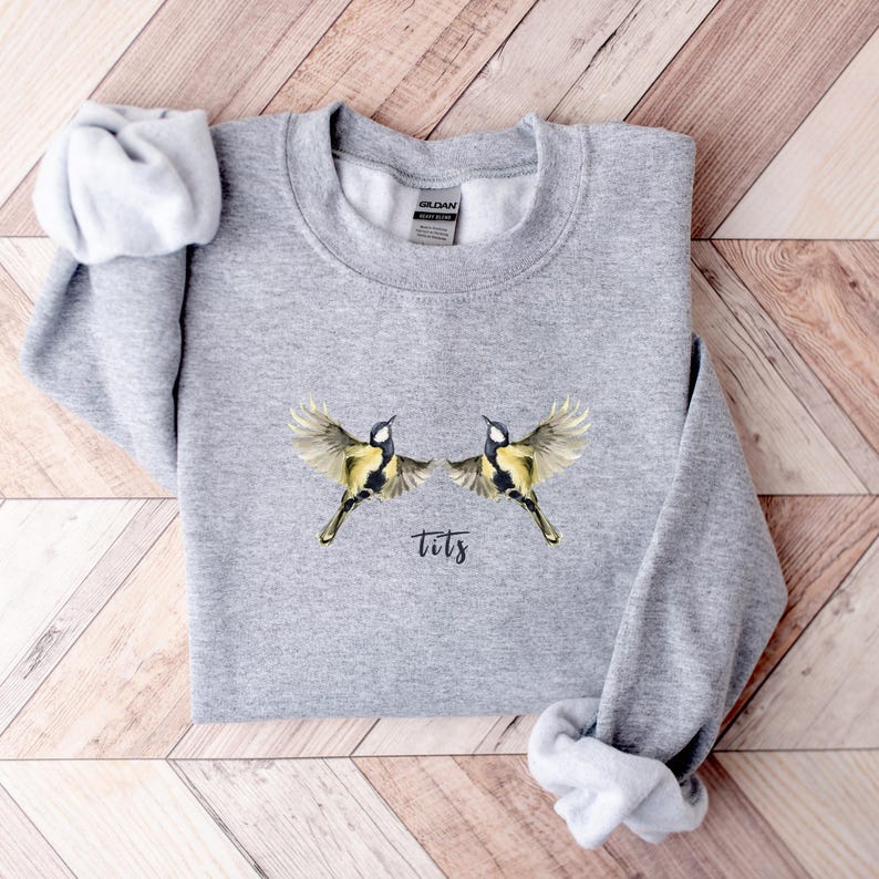 May include: Gray sweatshirt with a graphic of two yellow birds with black wings and the word "tits" printed below them.