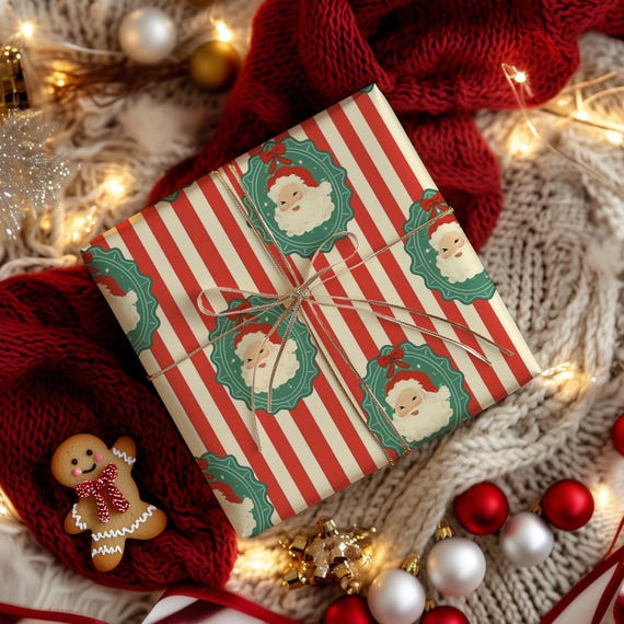 Retro Santa Wrapping Paper Vintage Christmas Gift Wrap Roll Red Striped Holiday Wrapping Paper Classic Santa Claus Gift Wrap Xmas Wrapping