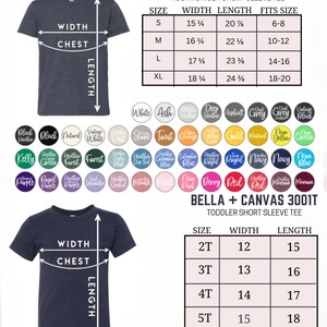 May include: A navy blue youth unisex short sleeve tee shirt with size and color charts. The chart includes measurements in inches for sizes S, M, L, and XL. The color chart shows various colors, including black, white, and pink.