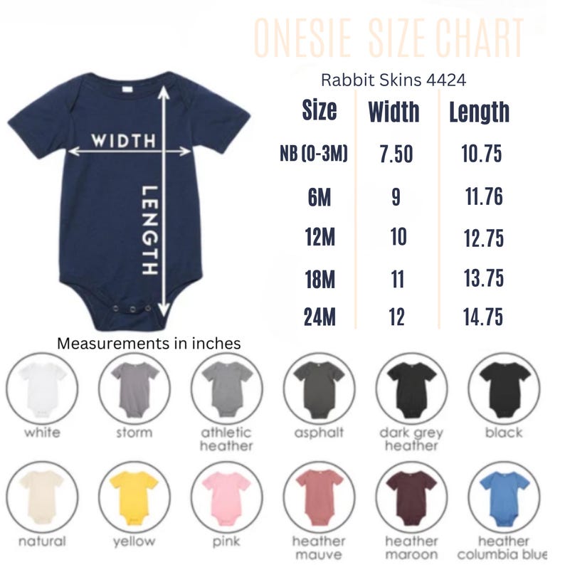 Puede incluir: Body de beb&eacute; azul marino con una tabla de tallas. La tabla muestra las medidas en pulgadas para las tallas NB (0-3M) a 24M. Los colores disponibles incluyen blanco, tormenta, brezo atl&eacute;tico, asfalto, brezo gris oscuro, negro, natural, amarillo, rosa, brezo malva, brezo granate y brezo azul columbia.