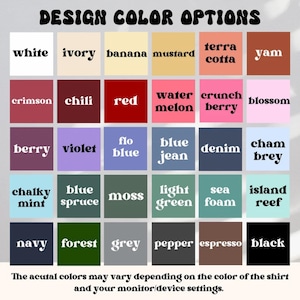 Puede incluir: Una tabla de colores con 30 opciones de color, cada una mostrada en un cuadrado con el nombre del color debajo. Los colores van desde blanco, marfil y pl&aacute;tano hasta marino, bosque y negro. El texto en la parte superior dice "DESIGN COLOR OPTIONS."