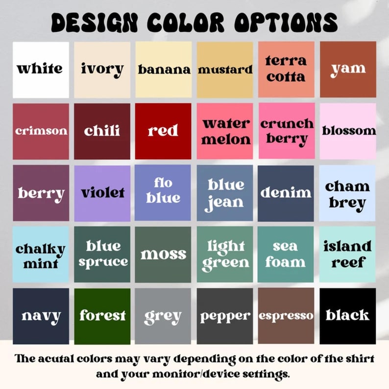 Puede incluir: Una tabla de colores con 30 opciones de color, cada una mostrada en un cuadrado con el nombre del color debajo. Los colores van desde blanco, marfil y pl&aacute;tano hasta marino, bosque y negro. El texto en la parte superior dice "DESIGN COLOR OPTIONS."
