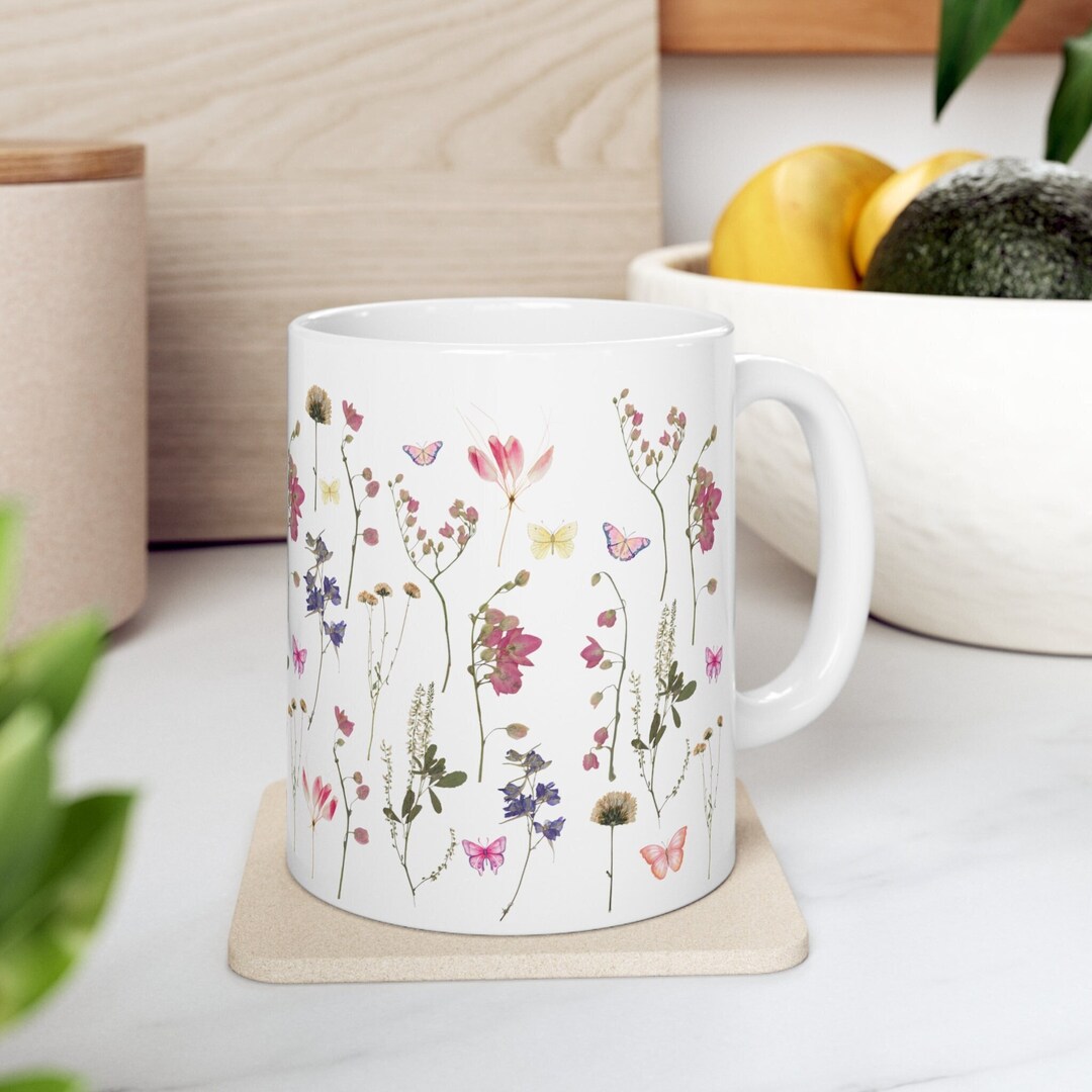 Pressed Flowers Mug, Boho Wildflowers Cottagecore Coffee Mug, Vintage ...