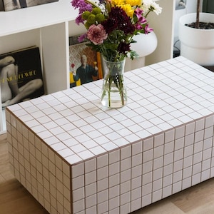 Tile coffee table, tile shelf, tile coffee table, tile table design, tile furniture, tile side table, home design, home decor, TV table
