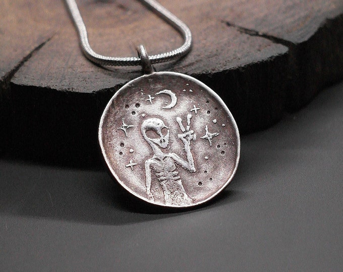 Handmade silver pendant Alien, UFO necklace, alien jewelry, gift for men, peace
