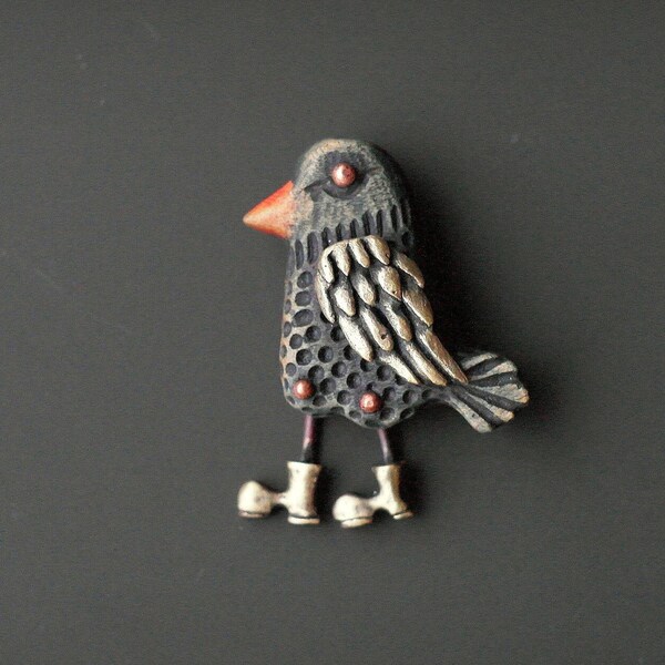 Bird in boots, handmade wooden brass brooch, bird broach, bird pin, unusual brooch, nature inspired